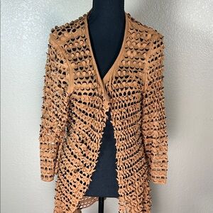 Linea by Dobani Laser Cut Open Front Cardigan Jacket Tan Size Large Boho